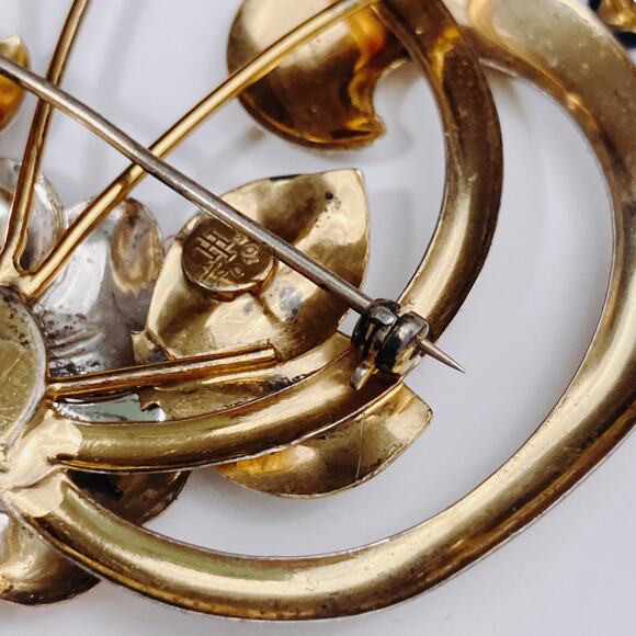 VTG Signed Harry Iskin Mid Century Gold Filled Floral Brooch Blue Rhinestone 40s - Picture 9 of 15